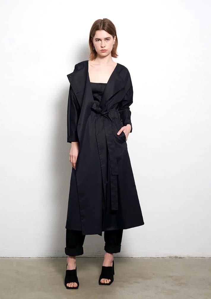 Long kimono sleeve cotton poplin dress in black