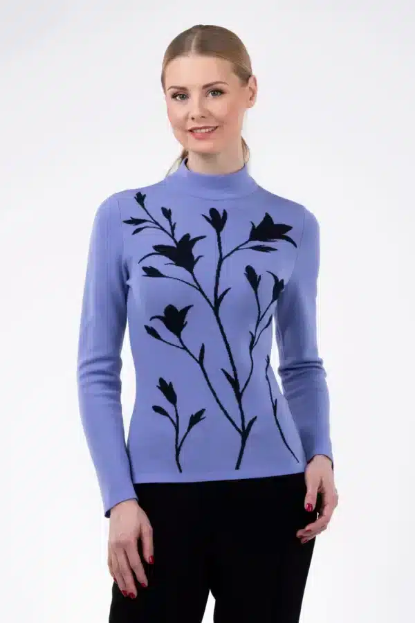 Lavender Merino Wool Floral Jacquard Knit Top
