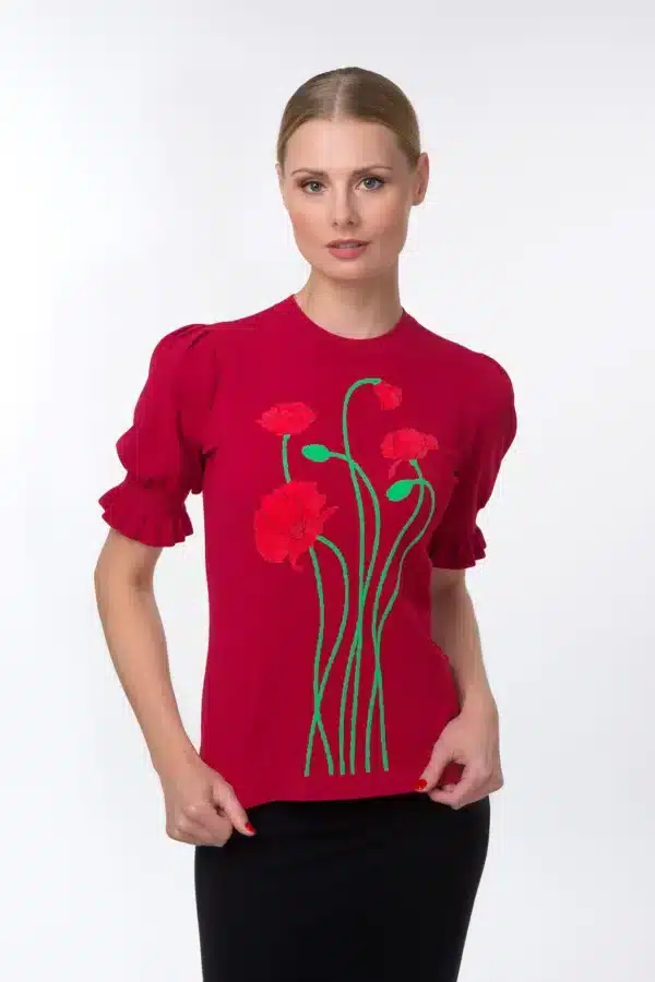 Red Puff Sleeve Intarsia Knit Top With Poppies