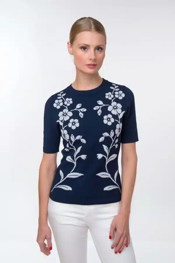 Navy Jacquard Knit Top “Forget-me-not”