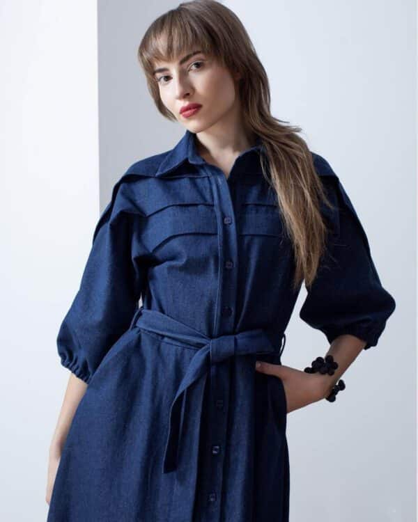 Denim Dress With Pleated Chest