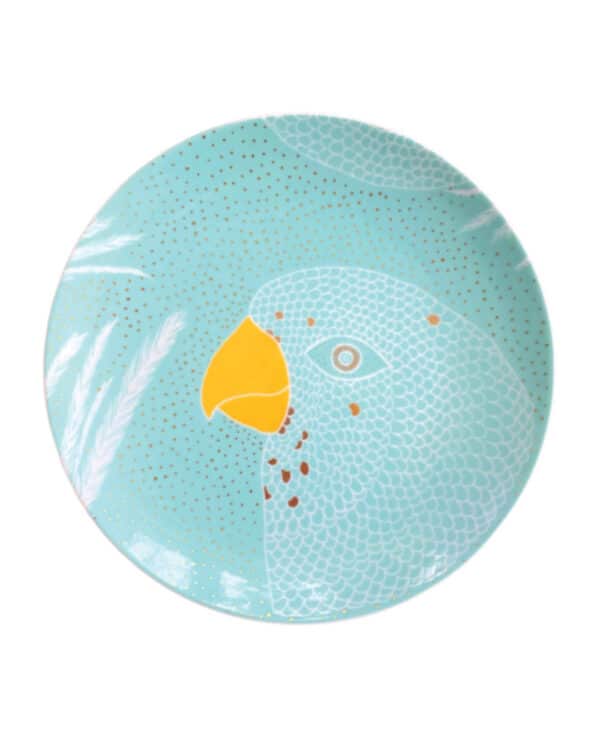 Light turquoise dessery plate with a bird