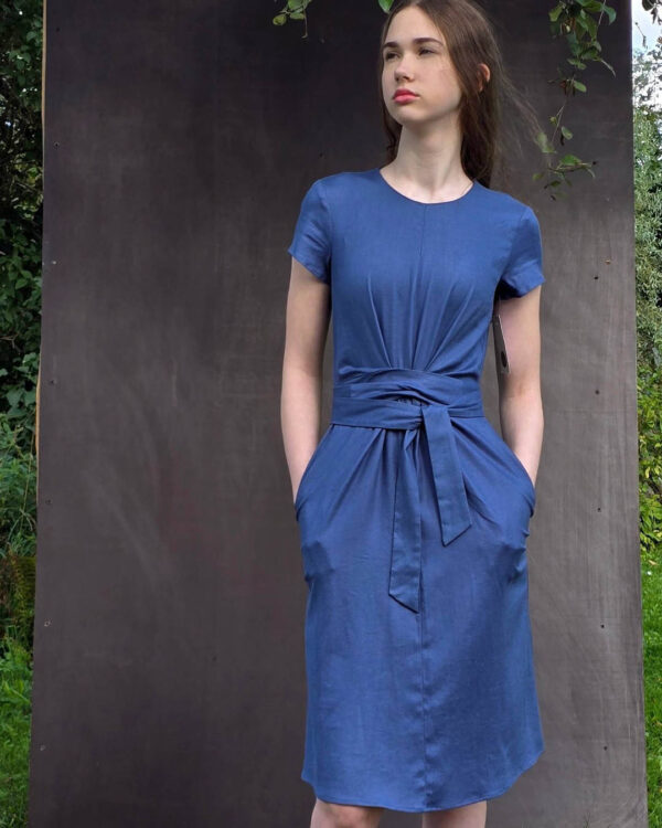 Blue Dress with Tie Belt