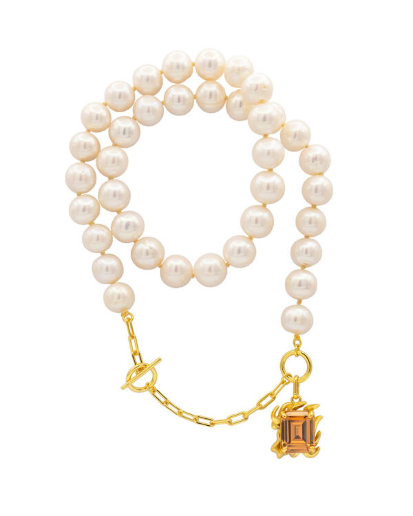 Grand Aloka Pearl Necklace With Champagne Gem Gold