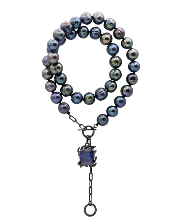 Grand Orpheus musta pärli kaelakee öösinise kiviga